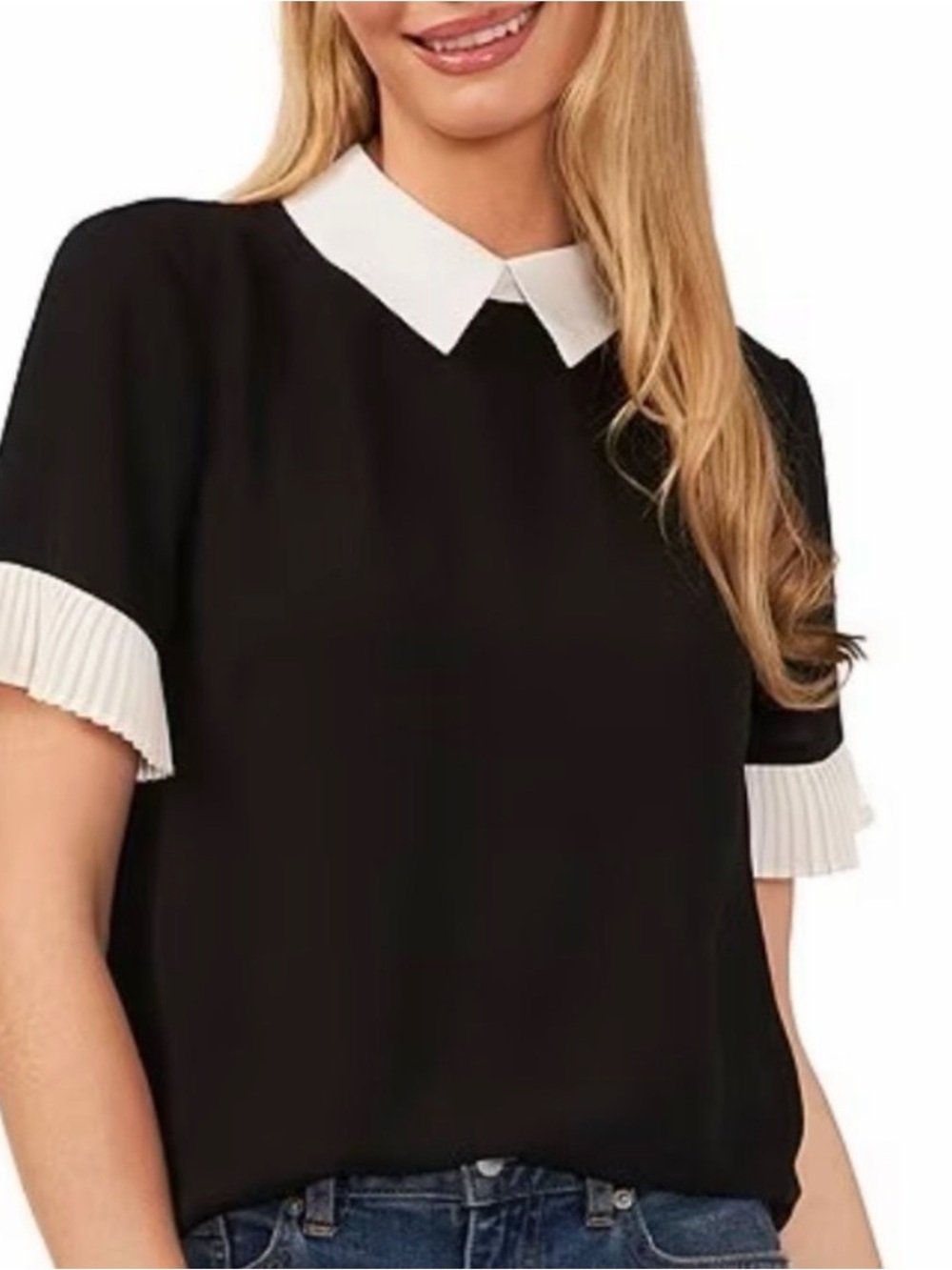 Cece colorblock pleat-sleeve collared blouse